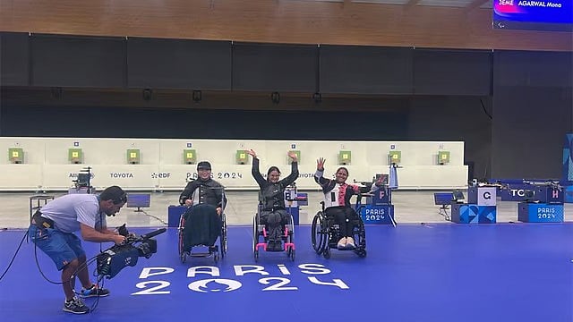 Photo: PCI : Indian shooters Avani Lekhara and Mona Agarwal at the podium for the Women’s 10m Air Rifle Standing SH1 event at the Paris Paralympics 2024.